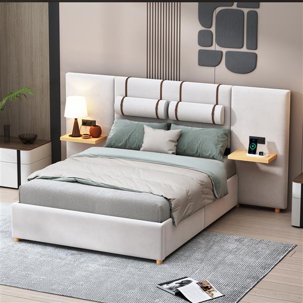 Full Size Upholstered Platform Bed, Two Outlets and USB Charging Ports on Both Sides, Two Bedside Pillows, Storage Shelves, Beige