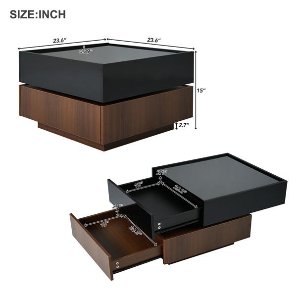 Multi-functional Square 360°Rotating Coffee Table with 2 Drawers, High Gloss 2-Tier Center Table with Swivel Tabletop and Storage, Walnut Table Frame Side Table for Living Room, Black