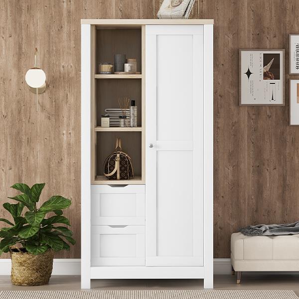 Bedroom Storage Wardrobe with Hanging Rods and 2 Drawers and Open Shelves,Sliding Door,White