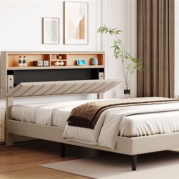 Queen Size Upholstered Platform Bed with Storage Headboard and USB Port,  Linen Fabric Upholstered Bed (Beige)