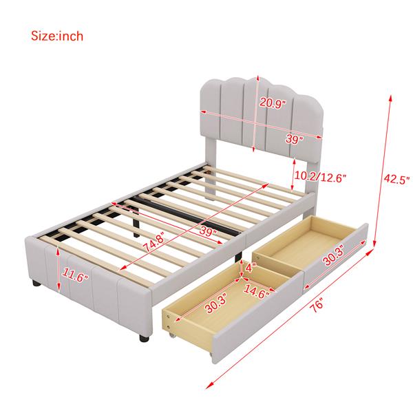 Twin Size Upholstered Bed with 2 Storage Drawers,Wood Slat Support, Beige