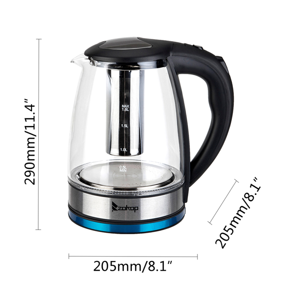 ZOKOP HD-1861-A 110V 1500W 1.8L Electric Glass Kettle US Plug