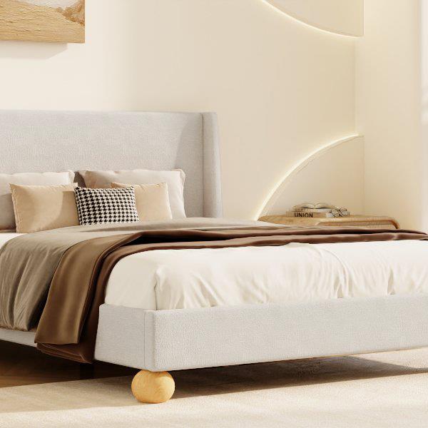 Modern Boucle Upholstered Platform Bed with Wingback Headboard and Round Wooden Legs, Beige,King Size