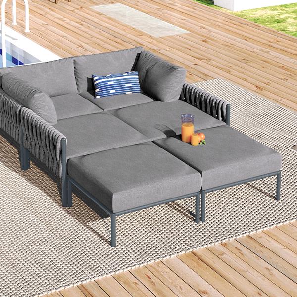 6-Pieces Aluminum Patio Furniture Set, Modern Metal Outdoor Conversation Set Sectional Sofa With Removable Olefin Extra Thick Cushions 5.9" Cushion, Grey