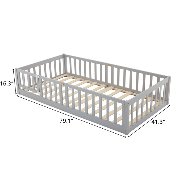 Fence Bed With Door With Board Grey Painted Pine Twin Children's Bed