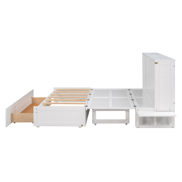 Queen Size Mobile Murphy Bed with Drawer and Little Shelves on Each Side,White 