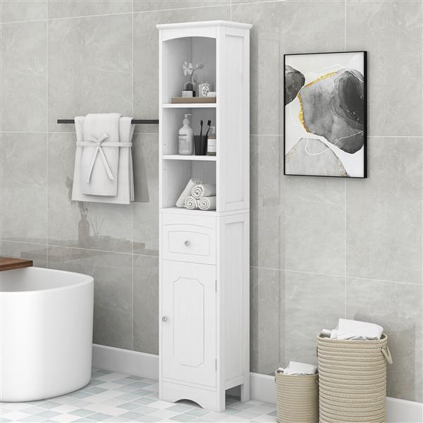 Tall Bathroom Cabinet, Freestanding Storage Cabinet with Drawer, MDF Board, Adjustable Shelf, White