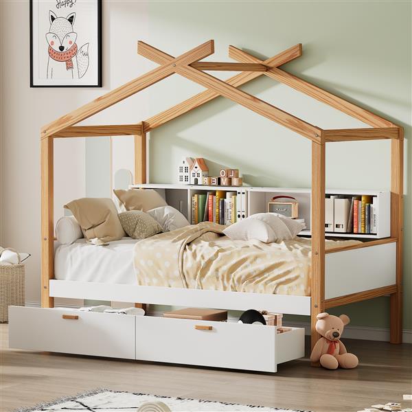 White Full Size Wooden House Bed Original Wood Colored Frame with Two Drawers and Bookshelf Storage Space for Children or Guest Room