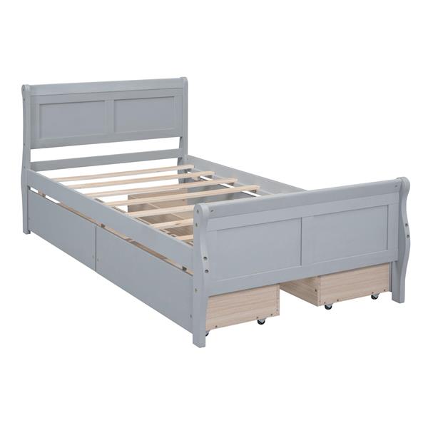 Twin Size Wood Platform Bed with 4 Drawers and Streamlined Headboard & Footboard, Gray