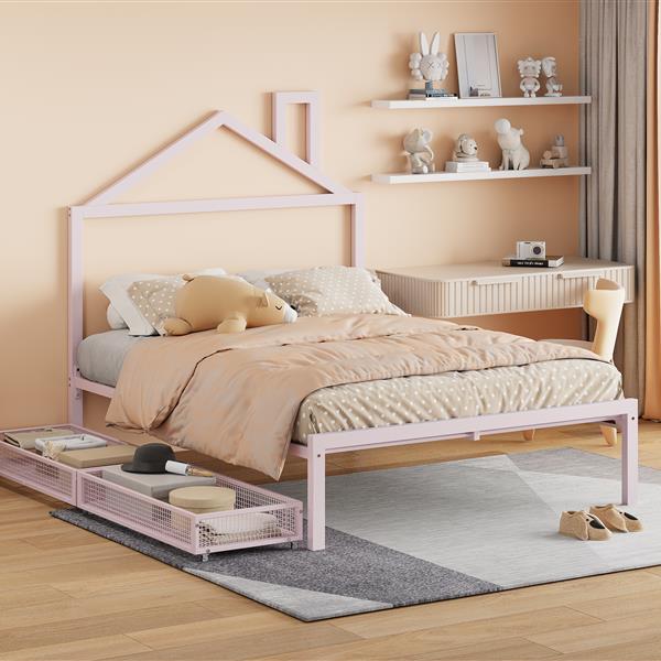 Full Size Metal Platform Bed with two drawers,House-Shaped Headboard Design, Pink