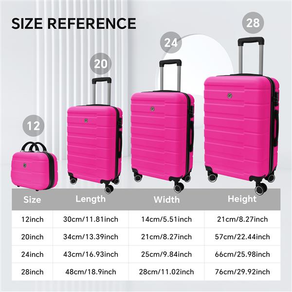 4 Piece Hard Shell Luggage Set,Carry on Suitcase with Spinner Wheels,Family Luggage Set,Rose Red(12/20/24/28in)