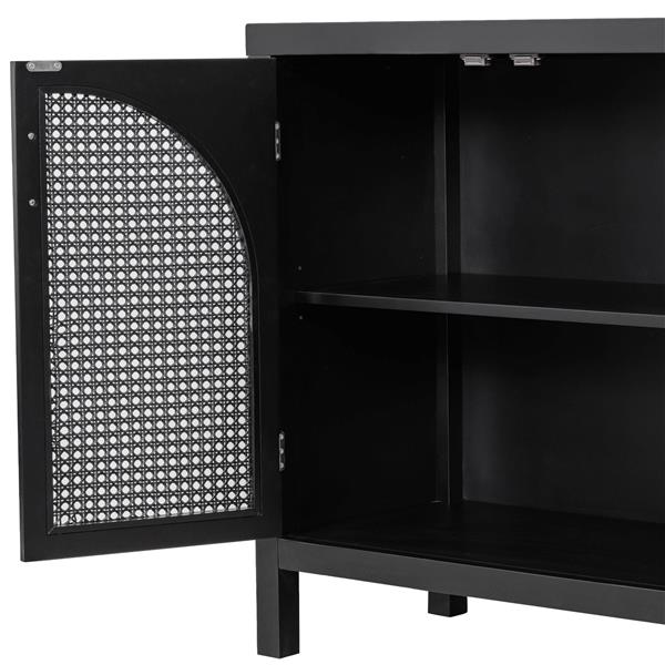 Large Storage Space Sideboard with Artificial Rattan Door and Metal Handles for Living Room and Entryway (Black)