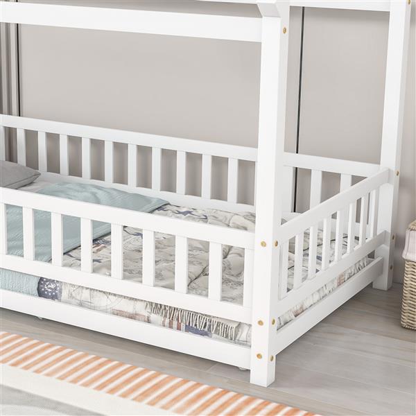 Twin Size Floor Wooden Bed with House Roof Frame, Fence Guardrails,White