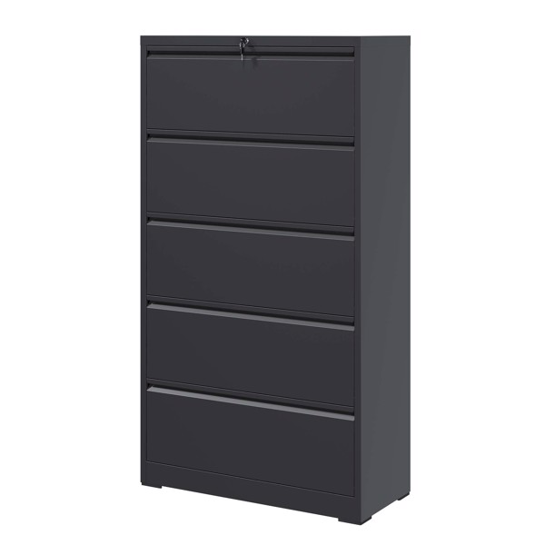 5 Drawer Metal Lateral File Cabinet , Black Filing Cabinet with Lock, Lockable File Cabinet for Home Office, Locking Metal File Cabinet for Legal/Letter/A4/F4 Size 