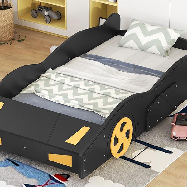 Twin Size Race Car-Shaped Platform Bed with Wheels and Storage, Black+Yellow