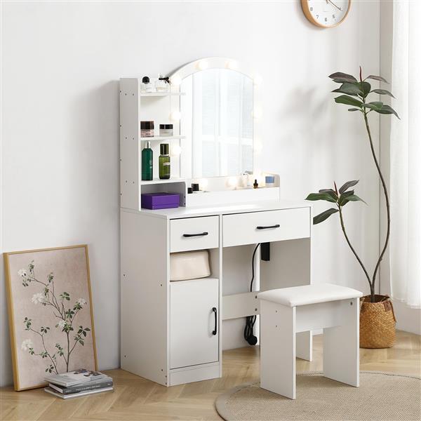 Vanity desk set including table with large lighted mirror,3 color lighting modes adjustable brightness, dressing table with 2 drawers, storage cabinet and upholstered stool, white color