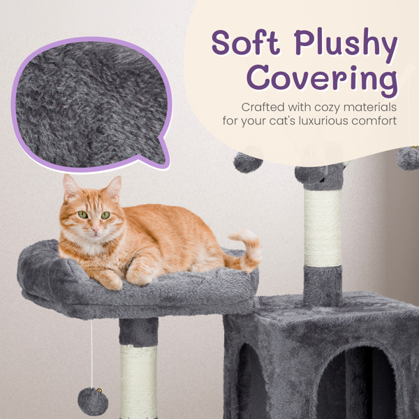 57 inch Cat Tree Cat Tower for Indoor Cats, Cat House with Padded Platform Bed, Toy Balls, Large Cozy Condo and Sisal Scratching Posts, Dark Grey