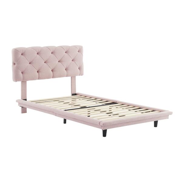 Twin Size Upholstered Bed with Light Stripe, Floating Platform Bed, Linen Fabric,Pink