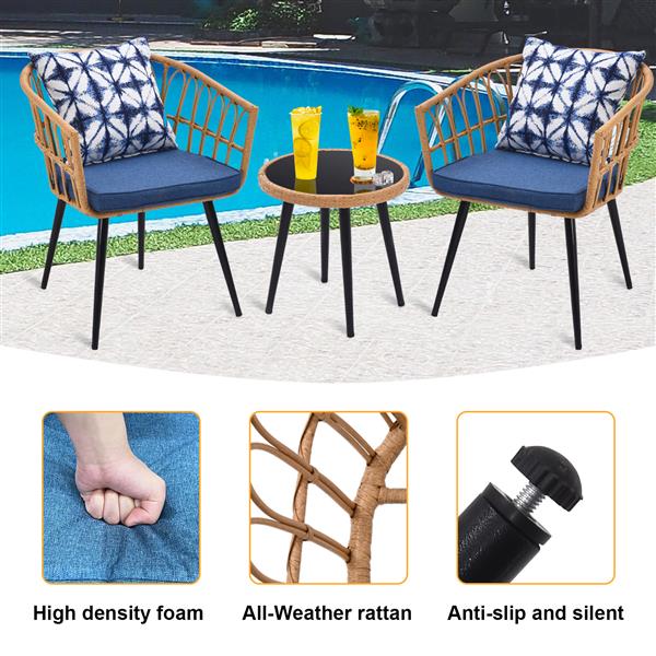 3 Piece Patio Bistro Set with Side Table, Outdoor PE Rattan Conversation Chair Set,Furniture of Coffee Table with Glass Top,Cushions & Lumbar Pillows for Garden,Backyard,Balcony or Poolside(Blue)