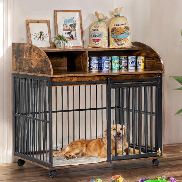 38'' Heavy Duty Dog Crate Furniture for Medium Dog with Lockable Wheels, Wooden Dog Crate Dog Kennel, End Table Crate with Double layer storage, Brown