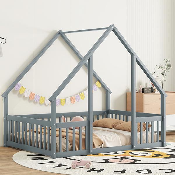 Full Wood House-Shaped Floor Bed with Fence, Guardrails,Grey