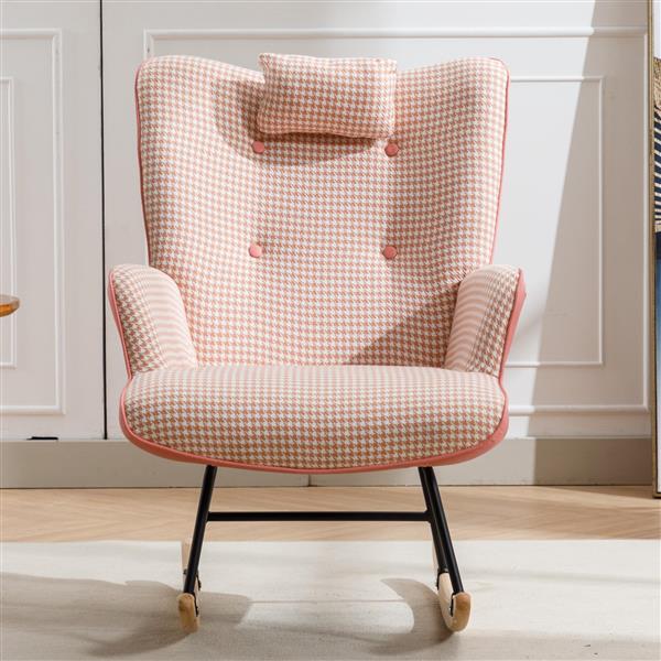 35.5 inch Rocking Chair, Soft Houndstooth Fabric Leather Fabric Rocking Chair for Nursery, Comfy Wingback Glider Rocker with Safe Solid Wood Base for Living Room Bedroom Balcony (pink)