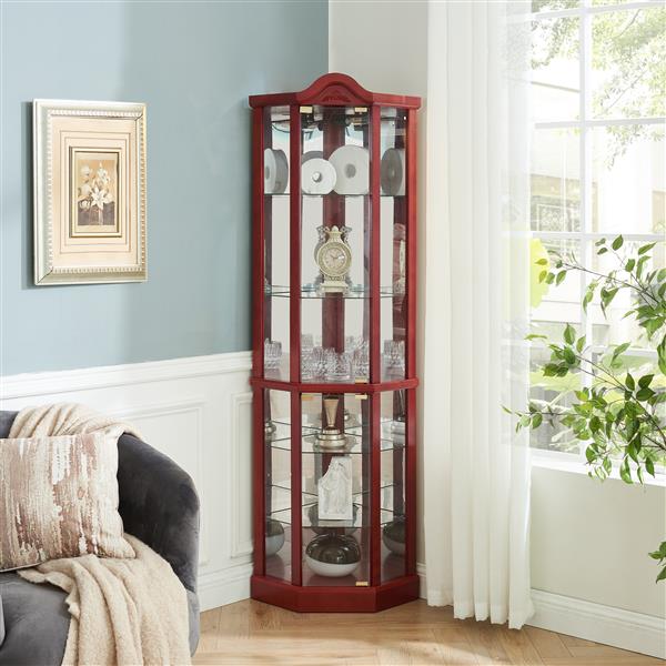 Glass Cabinet Lighted Corner Cabinet Corner Display Curio Cabinet, Glass Display With Light(Included)Bar Cabinet,Wine Cabinet with Adjustable Glass Shelves Carved Decoration Cherry Light(Included)