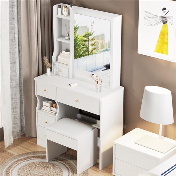 Small Space Left Drawer Desktop Vanity Table + Cushioned Stool, Extra Large Right sliding mirror, Multi Layer High Capacity Storage, Practical Fashionable Dresser, Suitable for Girls Up To 5.6ft Tall