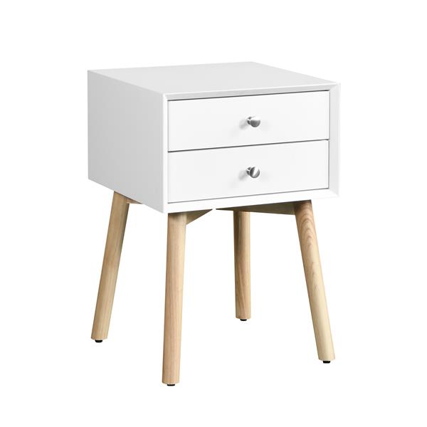 Side Table,Bedside Table with 2 Drawers and Rubber Wood Legs, Mid-Century Modern Storage Cabinet for Bedroom Living Room, White