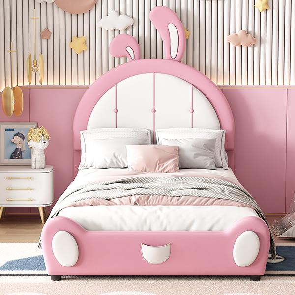 Twin Size Upholstered Platform Bed with Rabbit Shaped Headboard, Pink