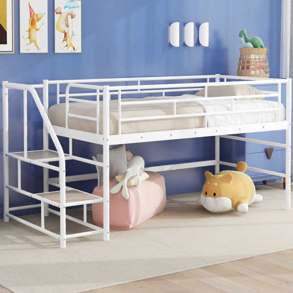 Mid Loft Bed with Storage stairs, Twin, White