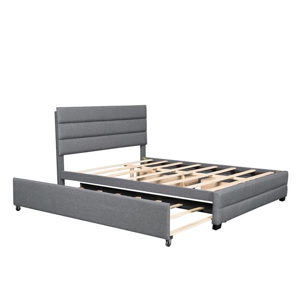 Queen Upholstered Platform Bed with Twin Size Trundle and Two Drawers,Grey