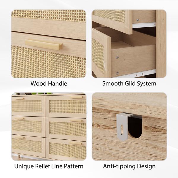 Rattan 6 Drawers Chest of Dressers for Bedroom, Modern 6 Drawer Dresser, Wide Chest of Drawers with wood Handles, Rattan Dresser Storage Cabinet for Living Room, Bedroom, Hallway 