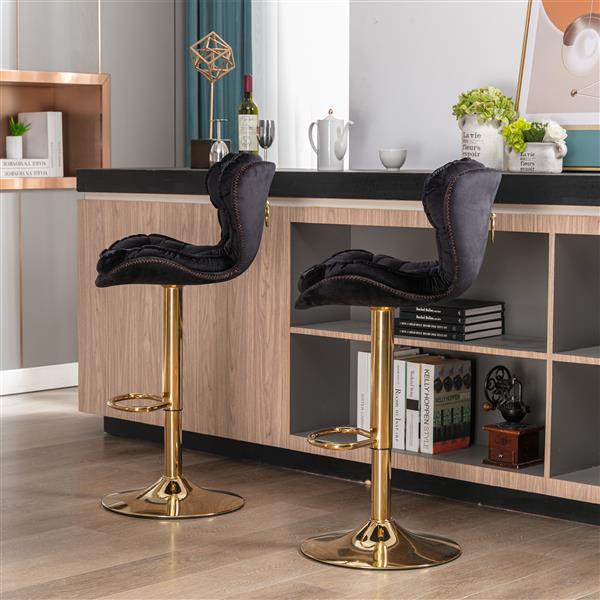 Set of 2  Bar Stools,with Chrome Footrest and Base Swivel Height Adjustable Mechanical Lifting Velvet + Golden Leg Simple Bar Stool-black