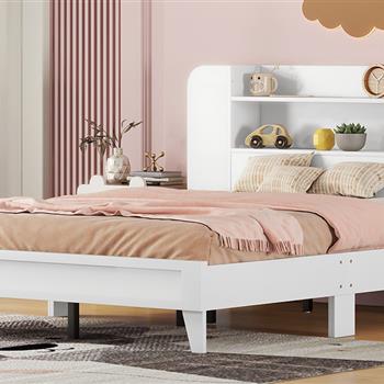 Full Size Platform Bed with Storage Headboard,Multiple Storage Shelves on Both Sides,White