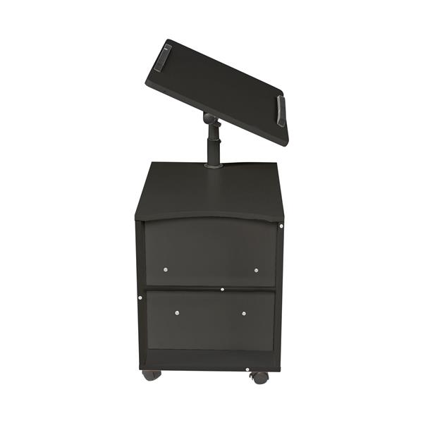 Height Adjustable Overbed End Table Wooden Nightstand with Swivel Top, Drawers, Wheels and Open Shelf,  Black