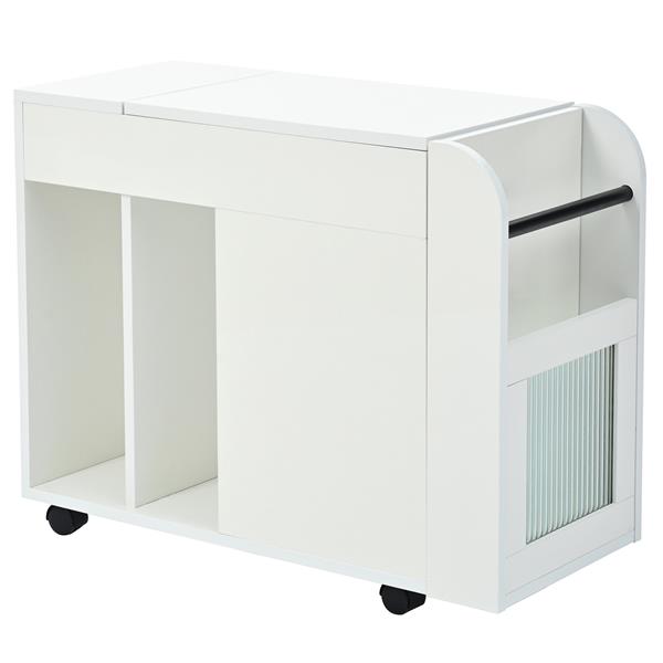 Multifunctional End Table with Wheels, Side Table with Tempered glass door, 2 Storage Shelves, 2 Drawers for Living Room, White