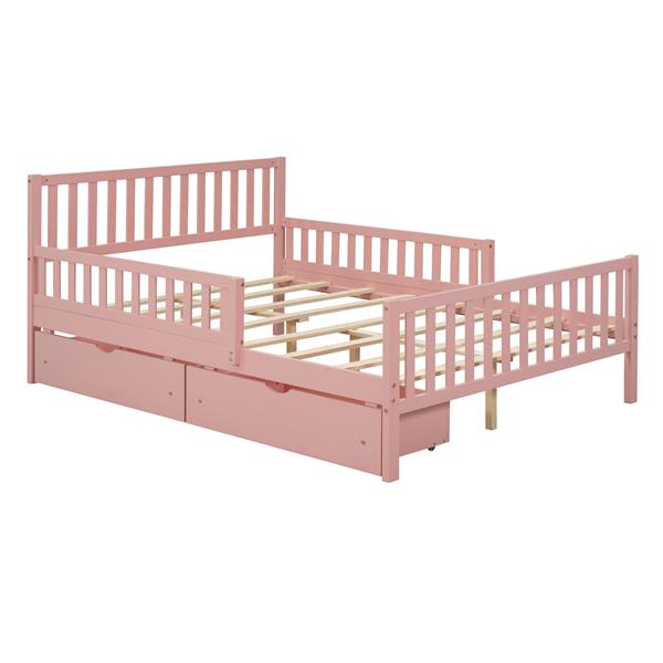 Full Size Wood Platform Bed with Guardrails on Both Sides and Two Storage Drawers ,Pink