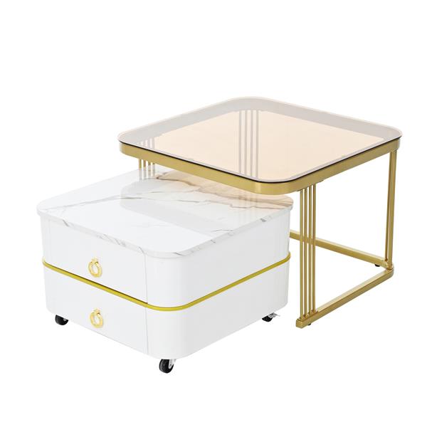 2-in-1 Square Nesting Coffee Table with Wheels & Drawers, Stackable Side Table with High Gloss Marble Grain Top, End Table Set with Brown Tempered Glass for Living Room, White