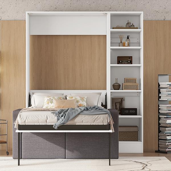 Twin Size Murphy Bed Wall Bed with Sofa,with Shelves,White