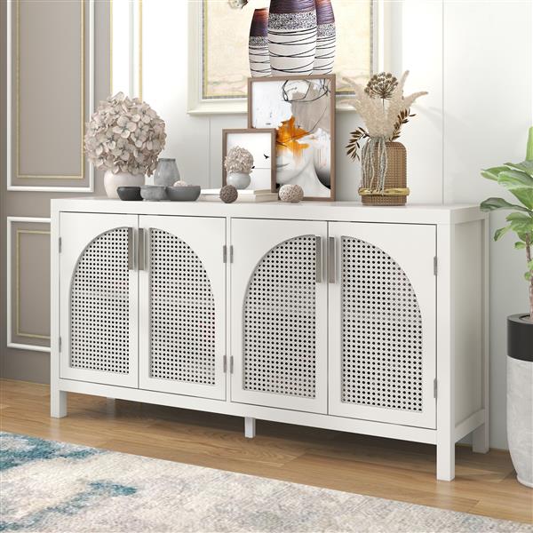 Large Storage Space Sideboard with Artificial Rattan Door and Metal Handles for Living Room and Entryway (White)