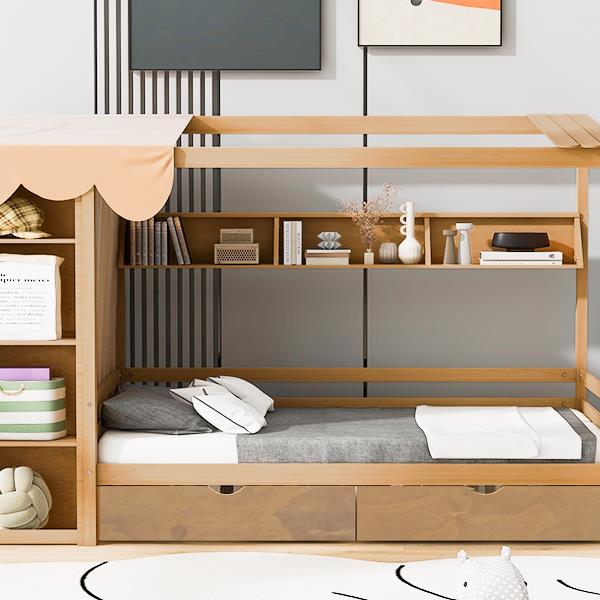 Twin size House Bed with Two Drawers and Wardrobe,Natural