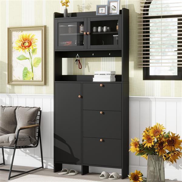 [VIDEO provided] Shoe Cabinet with Open Storage Space, Practical Hall Tree with 3 Flip Drawers, Multi-functional & Integrated Foyer Cabinet with Tempered Glass Doors for Hallway, Black