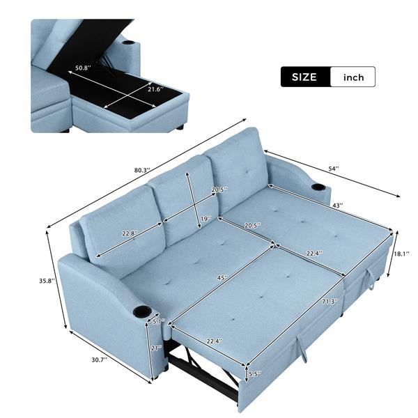 80.3". Pull Out Sofa Bed Modern Padded Upholstered Sofa Bed , Linen Fabric 3 Seater Couch with Storage Chaise and Cup Holder , Small Couch for Small Spaces