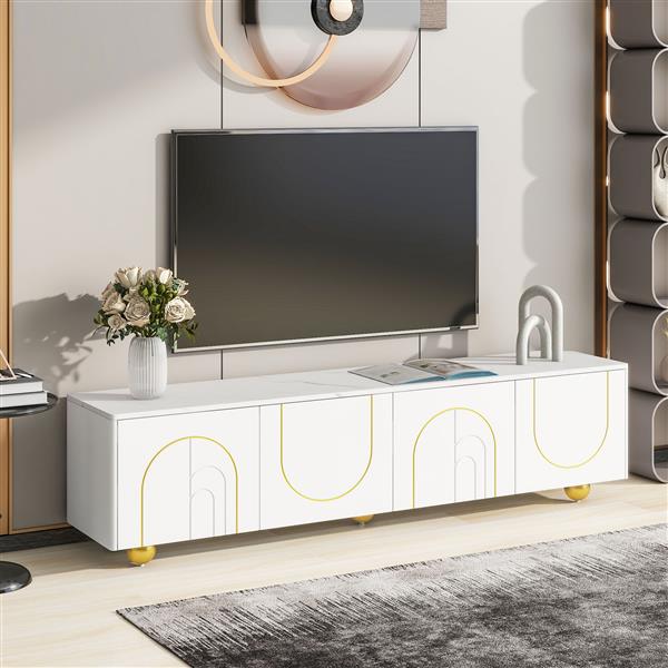 Modern TV Stand for TVs up to 75 Inches, Entertainment Center with Storage Cabinets and 1 Adjustable Shelf, Media Console with Marble-patterned Top and Golden Round Metal Legs for Living room