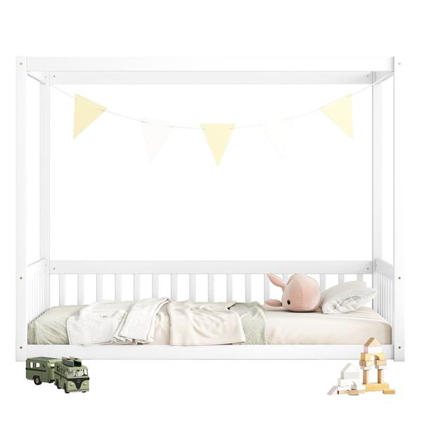 Twin Size Canopy Frame Floor Bed with Fence, Guardrails,White