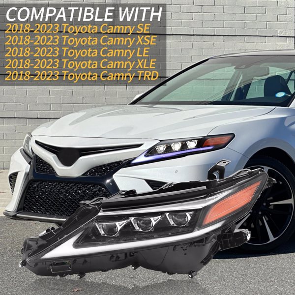 Headlight Assembly Fit For 8th Gen 2018 2019 2020 2021 2022 2023 Toyota Camry SE LE XSE XLE TRD, Driver and Passenger Side Full LED HeadLamp