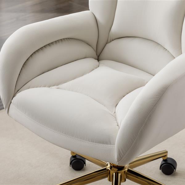 005-Velvet Fabric 360 Swivel Home Office Chair With Gold Metal Base And Universal Wheels,Ivory