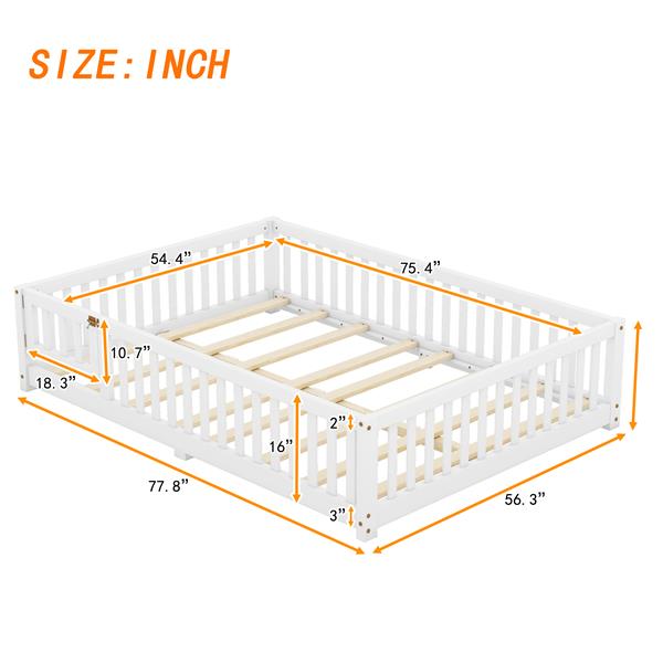 Full Size Bed Floor Bed with Safety Guardrails and Door for Kids, White