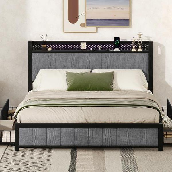 Queen Bed Frame with LED Headboard, Upholstered Bed with 4 Storage Drawers and USB Ports, Light Grey